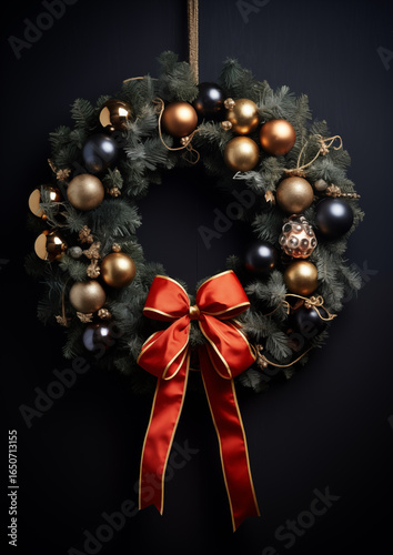 Elegant Christmas wreath with ornaments and ribbons, festive holiday decoration.