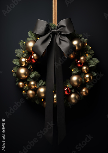 Elegant Christmas wreath with ornaments and ribbons, festive holiday decoration.