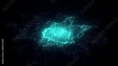 Abstract technology blue wave with motion glowing dots. AI in virtual reality on digital background. Particle explosion. Wireframe texture. Dynamic analysis a network connection data. 3D rendering.