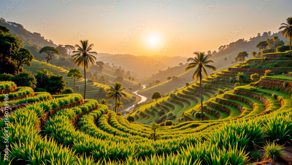 Naklejka premium Sunrise over terraced rice fields with palm trees in green hills