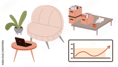 Cozy pink chair, laptop on round table, potted plant, file organizers, documents, coffee cup, and graph reflecting upward trend. Ideal for remote work, productivity organization home office