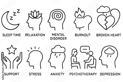 mental health icons, relaxation, burnout, anxiety, depression, psychotherapy, mental support, emotional healing, psychological well being psychotherapy medical icons