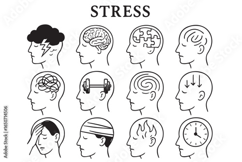 illustrated stress analysis, mental strain, cognitive overload, emotional distress, brain and stress symbols, mental health therapy psychotherapy medical icons