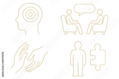mental health support icons, emotional therapy, counseling connection, cognitive health, mental well being, therapy symbols, psychotherapy medical icons