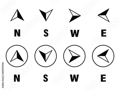 Directional compass points N S W E icon set vector. North, south, west, east navigation arrow symbol vector