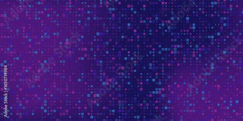 Purple abstract pixel texture bg video screen. Tv pattern background with square noise effect. Futuristic broadcast neon gradient banner for television.