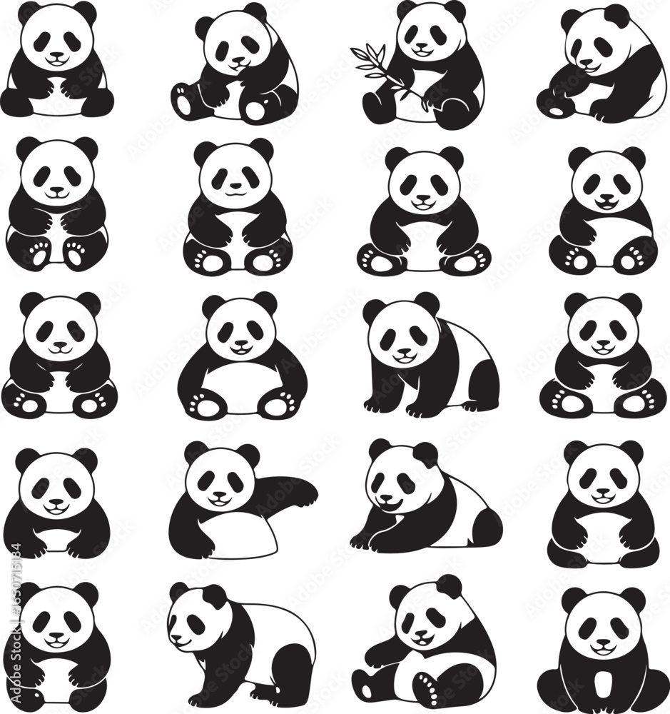 Obraz premium Panda Bundle Vector – Cute and Wild Panda Silhouette CollectionPanda Head and Full Body Vector Bundle – Cartoon and Wildlife DesignPanda Silhouette Bundle – Animal Clipart Set for Logo, Art, and D