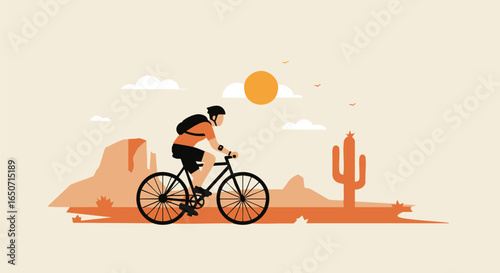Man riding bicycle through a desert landscape with mountains and cacti under a bright sun