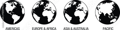 Four Earth Globes Showing Continents, Americas, Europe Africa, Asia Australia, Pacific