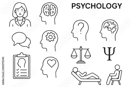 psychology line icons set, mental health symbols, therapy tools, brain, emotional well being, psychotherapy medical icons