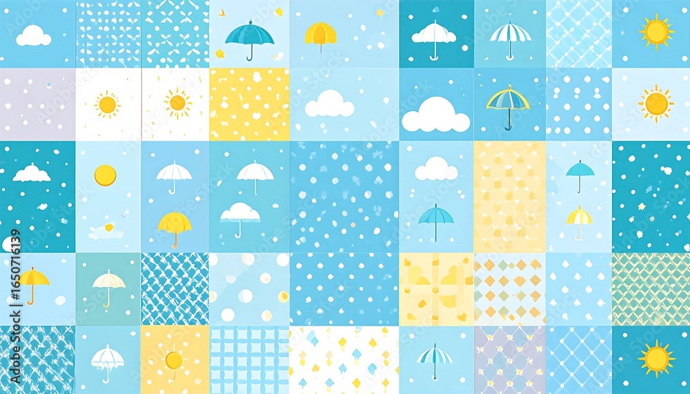 Cute Patchwork Pattern of Weather Icons in Pastel Colors. Cute Patchwork Pattern of Weather Icons in Pastel Colors.