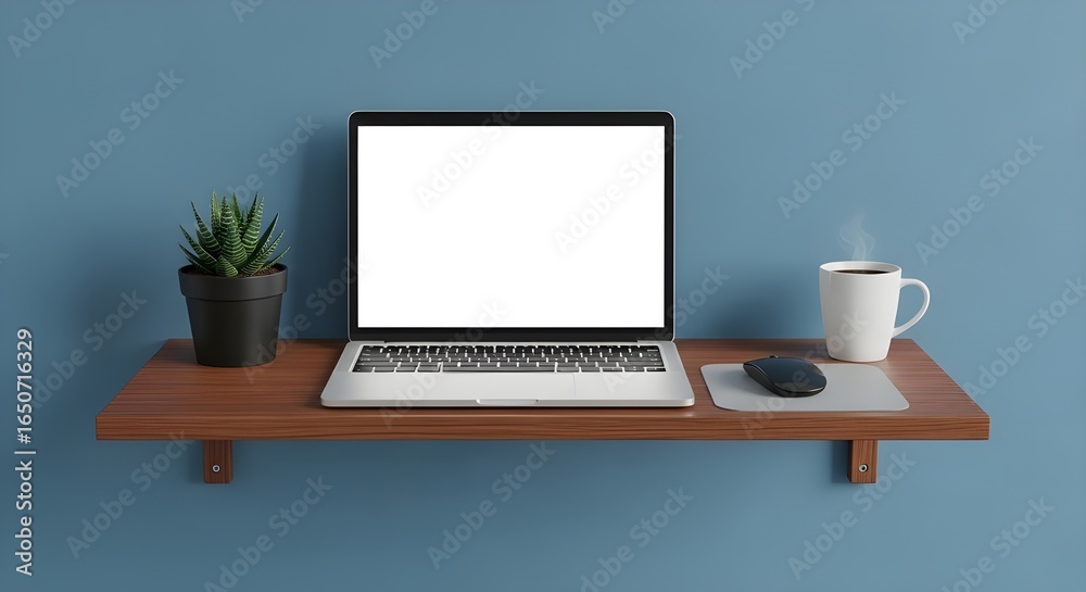 Fototapeta premium Minimalist Workspace Setup with Laptop on Brown Wooden Shelf blue background 