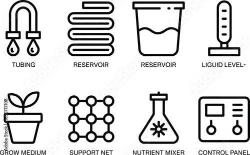 Isolated Hydroponics Components Icons Set with Tubing, Reservoir and Liquid Level