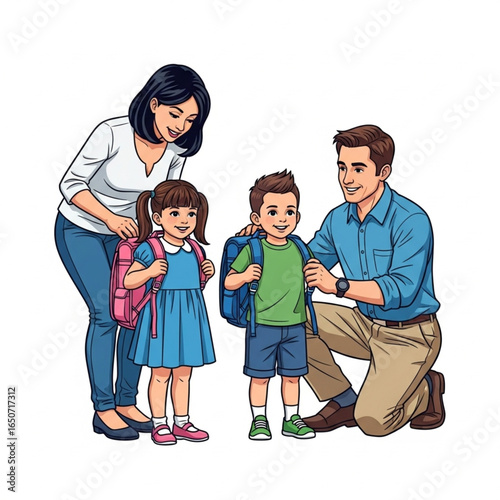 Happy Family Preparing Kids for School in Cartoon Style Illustration