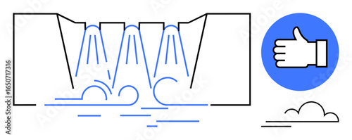 Water gushing through dam floodgates, waves below, blue thumbs-up icon and clouds. Ideal for energy, sustainability, technology, water management, eco-projects, efficiency simple landing page