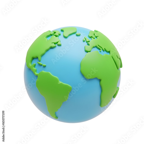 A digitally rendered 3d globe showing green continents over a blue ocean sphere, representing planet earth in an illustrative style.