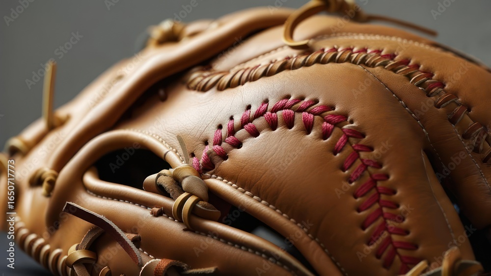 Fototapeta premium Detailed Craftsmanship: A Macro View of a Leather Baseball Glove with Red Lacing