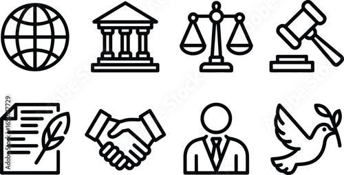Legal Outline Icons Globe, Bank, Scales, Gavel, Document, Handshake, Person, Dove