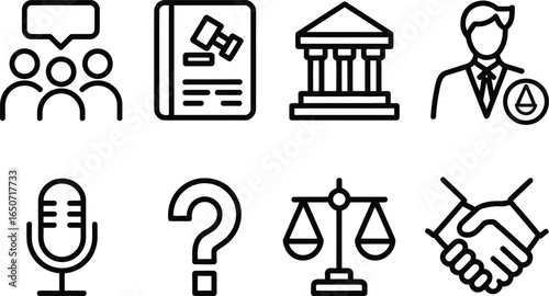 Law & Justice Icon Set Courthouse, Legal Book, Lawyer, Team, Deal, Scale, Quiz