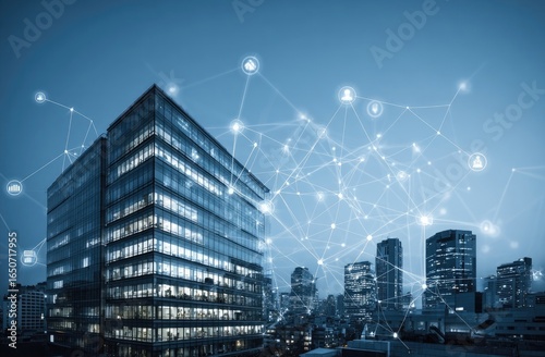 Modern office building at twilight, connected by a network of glowing lines and icons