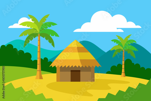 A Charming Cartoon Depicts a Humble Thatched Roof Bungalow