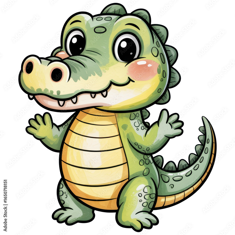 Naklejka premium Cute Cartoon Alligator : Delightful cartoon alligator, smiling with welcoming gestures, rendered in a vibrant illustration, embodying a cute and playful creature.