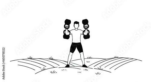 Monochrome line art illustration showcasing a man performing an outdoor dumbbell workout, embodying a dedicated fitness regimen and active healthy lifestyle