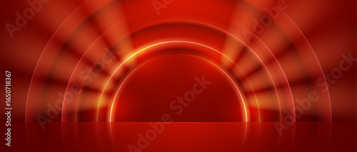 Abstract stage with glowing arches and red neon light