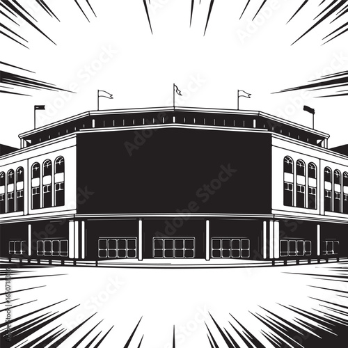 Dramatic stadium facade with bold lines and high contrast