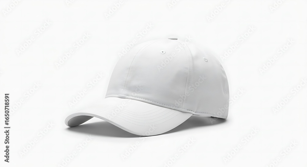 Fototapeta premium Minimalist White Baseball Cap on Plain White Background in Professional Studio Lighting