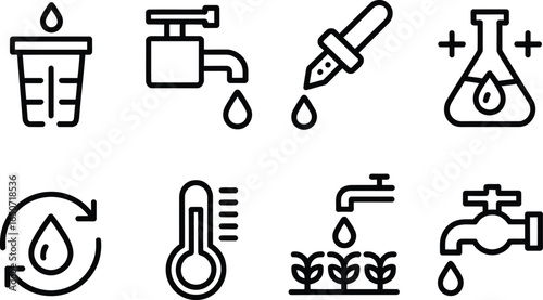 Line Icon Set Features Beaker, Water Tap, Pipette, Flask, Recycle, Thermometer, Plants