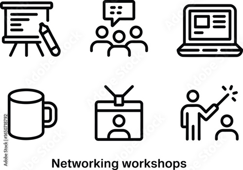 Line Icons Set Training Presentation,Meeting Team,Computer,Coffee,Id Card,Teaching