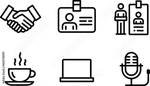 Linear Icon Set with Handshake, ID Badge, Laptop, Coffee Cup on Transparent Base