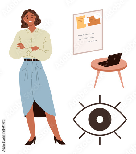 Professional woman stands confidently, laptop resting on a table, notice board behind, and symbolic eye design nearby. Ideal for empowerment, leadership, focus, planning, vision professionalism