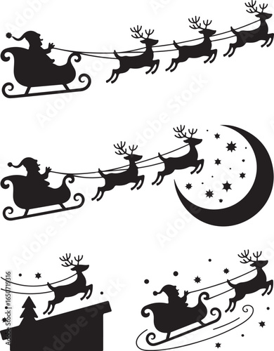 Santa's sleigh with reindeer flying through starry night sky