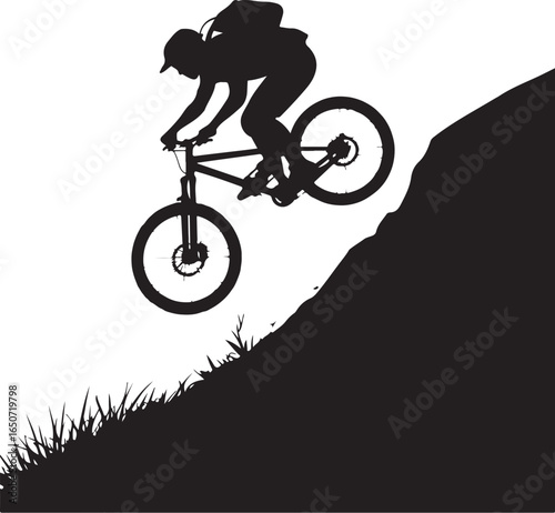 Dynamic cyclist descends steep hill silhouette extreme sport adventure
