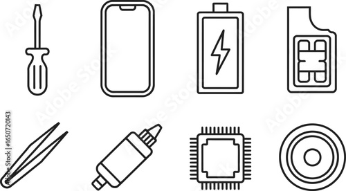 Outline Icons of Phone Repair Components with Tweezers and Screw on Transparent