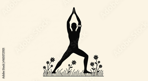Silhouette of a person performing warrior II pose amidst a field of flowers, promoting wellness and a connection with nature