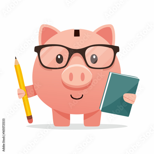 Smart Piggy Bank with Glasses, Pencil, and Notepad
