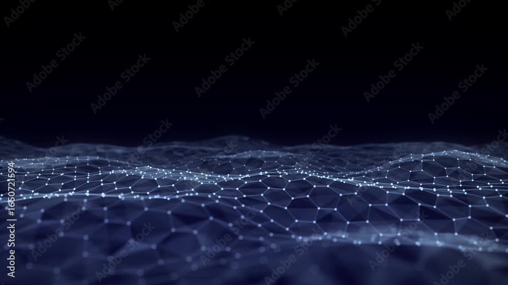 Abstract technology blue hexagon wave with motion dots and lines. Dark cyberspace in digital background. Dynamic cyber hexagon mesh. Medical backdrop. Futuristic wireframe texture. 3D rendering.
