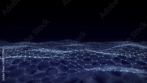 Abstract technology blue hexagon wave with motion dots and lines. Dark cyberspace in digital background. Dynamic cyber hexagon mesh. Medical backdrop. Futuristic wireframe texture. 3D rendering.