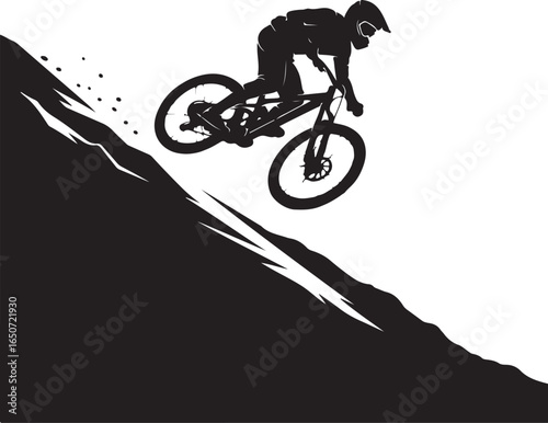 Dynamic downhill cyclist powers down steep mountain terrain