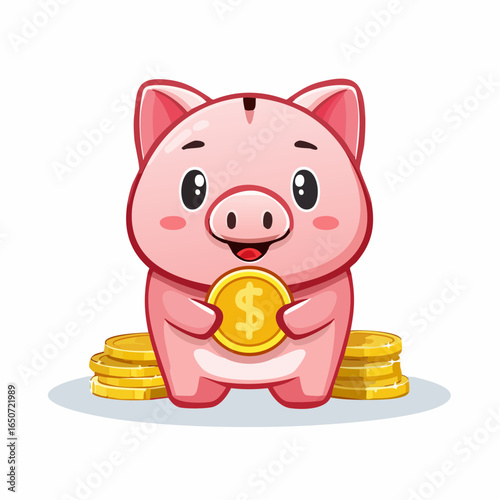 A cute cartoon piggy bank holding a gold dollar coin, representing financial savings and investment. Adorable vector illustration for banking and wealth concepts.