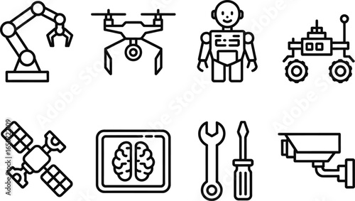 Robotics outline icons set, robot, brain, drone, surveillance, mechanism on white