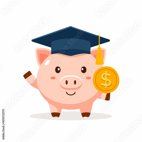 Smart Saving Piggy Bank with a Graduation Cap and a Dollar Coin