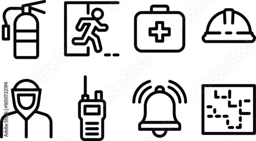 Safety First Icons of Fire Extinguisher, Emergency Exit, First Aid, and More