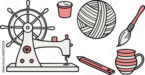 Crafting creativity with sewing machine, yarn, and nautical wheel, inspiring handmade projects