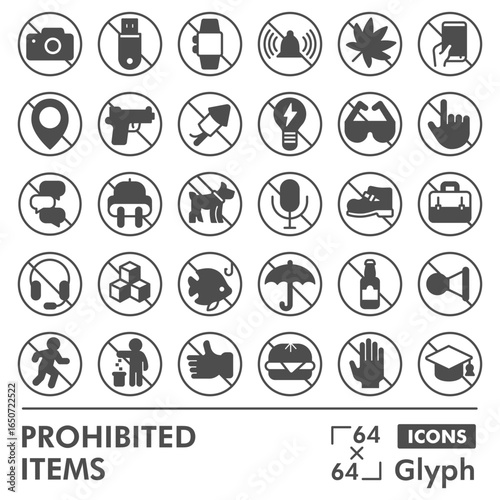 Prohibited items glyph icon set, forbidden objects symbols collection or sketches. Taboo, banned actions glyph style signs for web and app. Vector graphics isolated on white background.