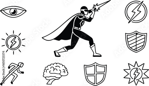 Dynamic superhero in action pose with lightning, shields, eye, brain, and sunburst icons