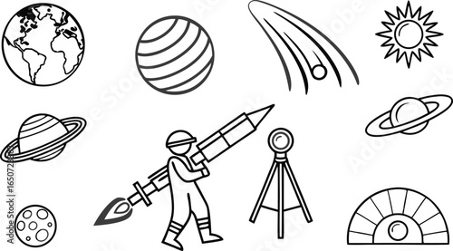 Astronaut with rocket explores planets and cosmos, representing space exploration and scientific discovery.